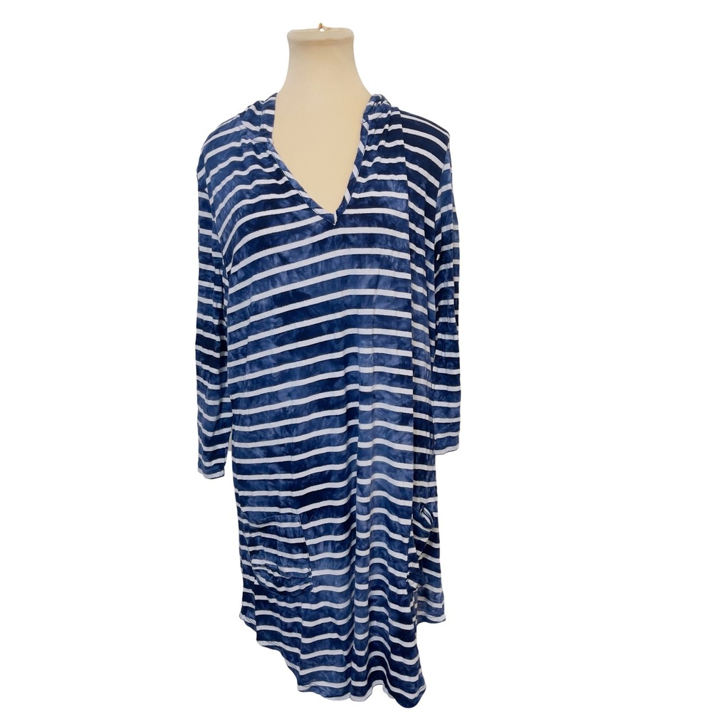 Sandiva Womens Striped Hooded Tunic Dress XL Blue White Tie Dye Pockets Longline